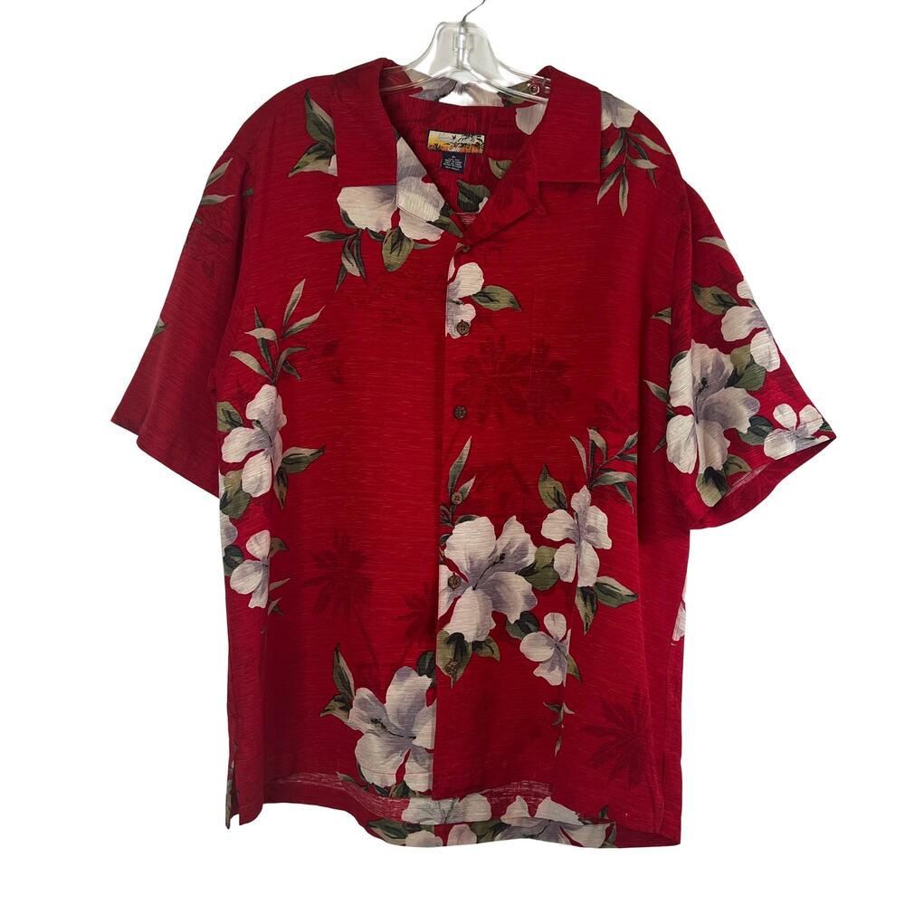 Hawaii Jacks Cafe Short Sleeve 100% Silk Floral Hawaiian Button Front Shirt Red